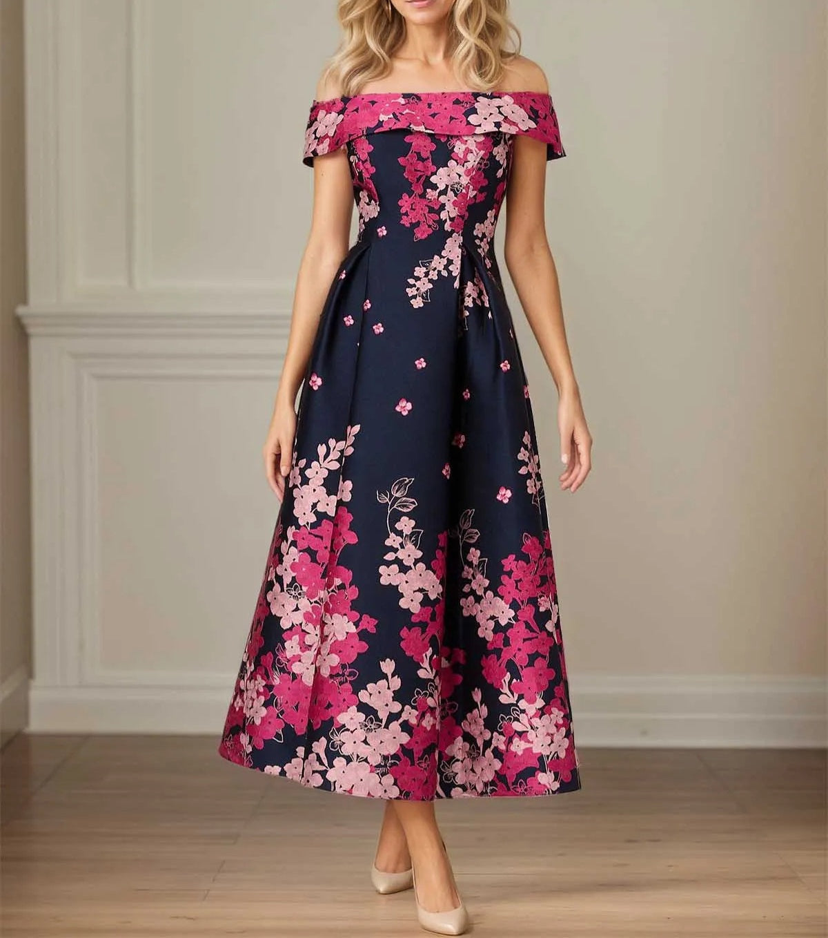 A Line Off The Shoulder Ankle Length Satin Floral Mother of the Bride Dress