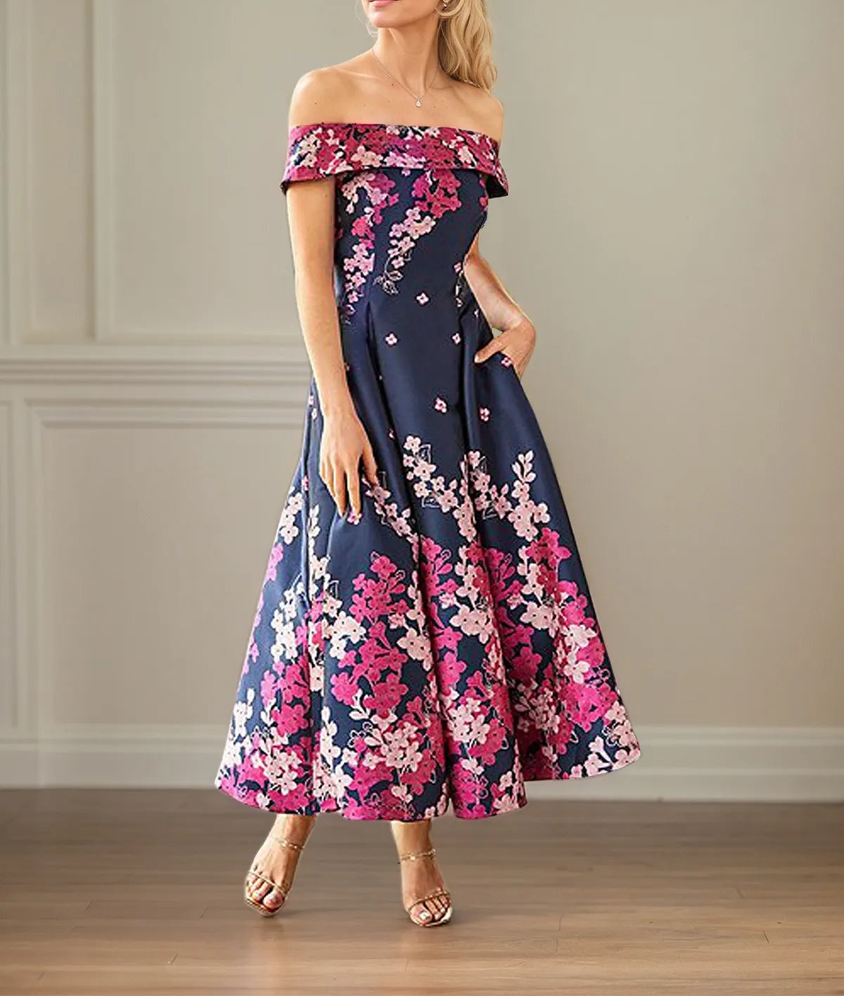 A Line Off The Shoulder Ankle Length Satin Floral Mother of the Bride Dress