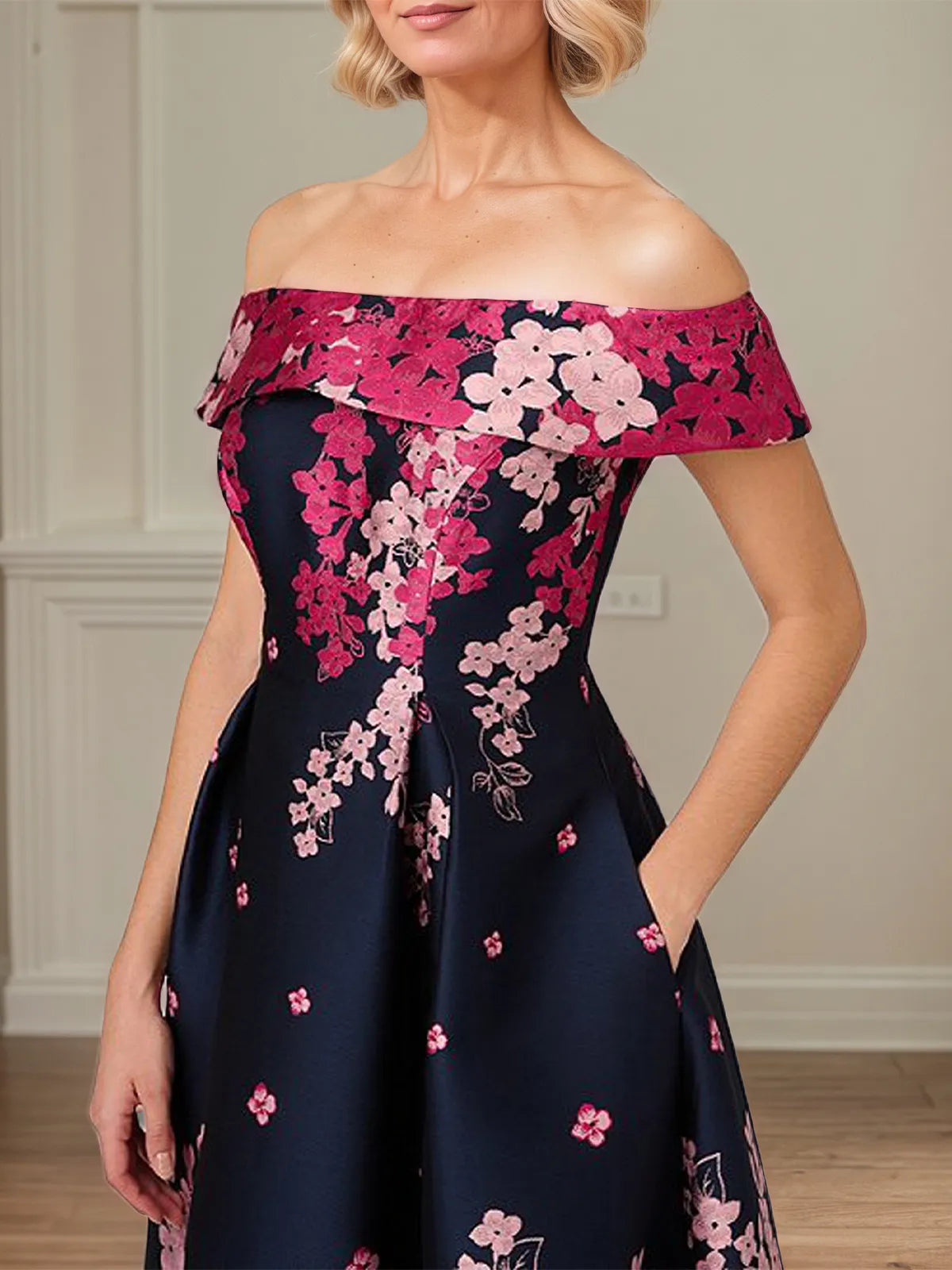 A Line Off The Shoulder Ankle Length Satin Floral Mother of the Bride Dress