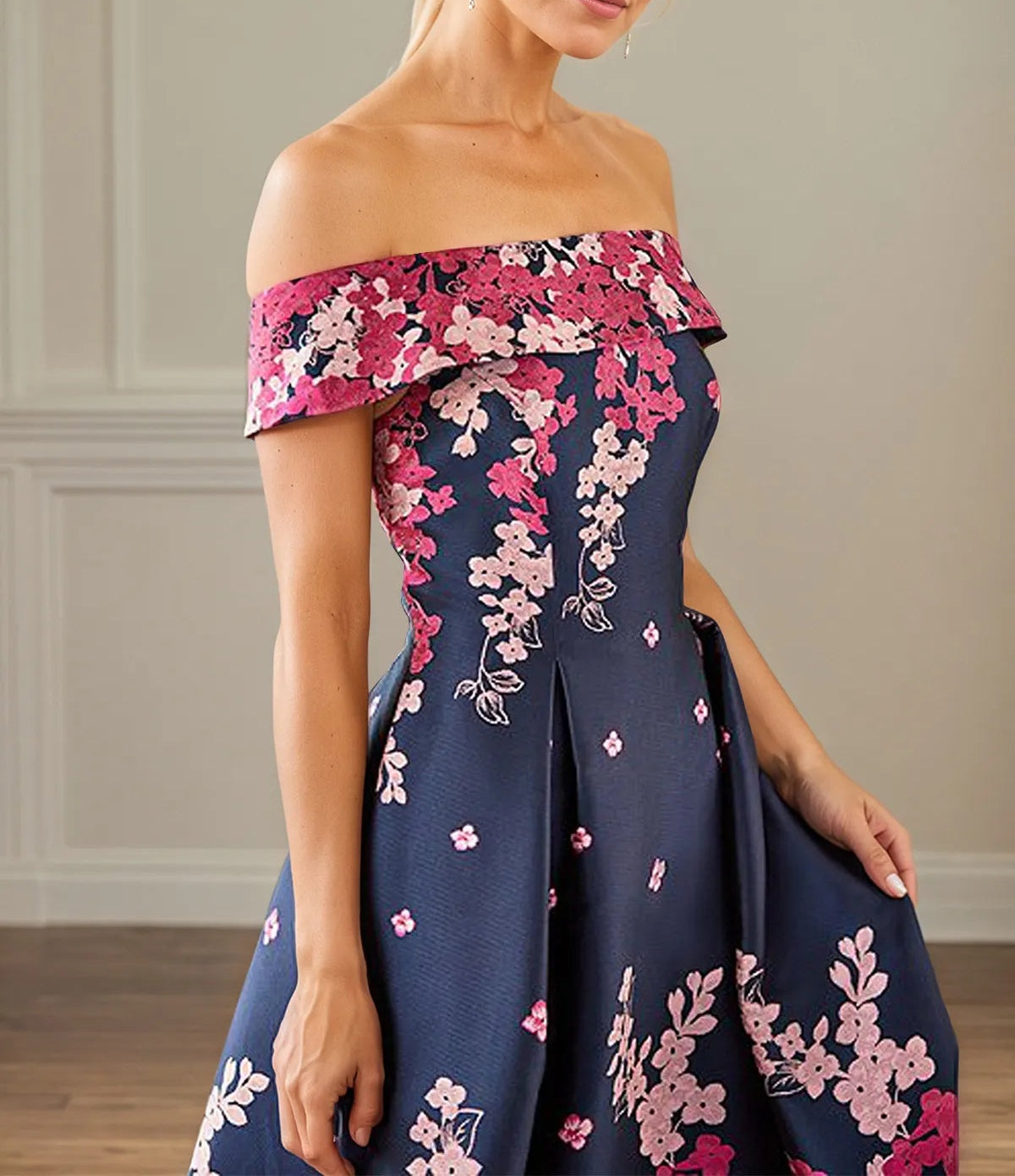 A Line Off The Shoulder Ankle Length Satin Floral Mother of the Bride Dress