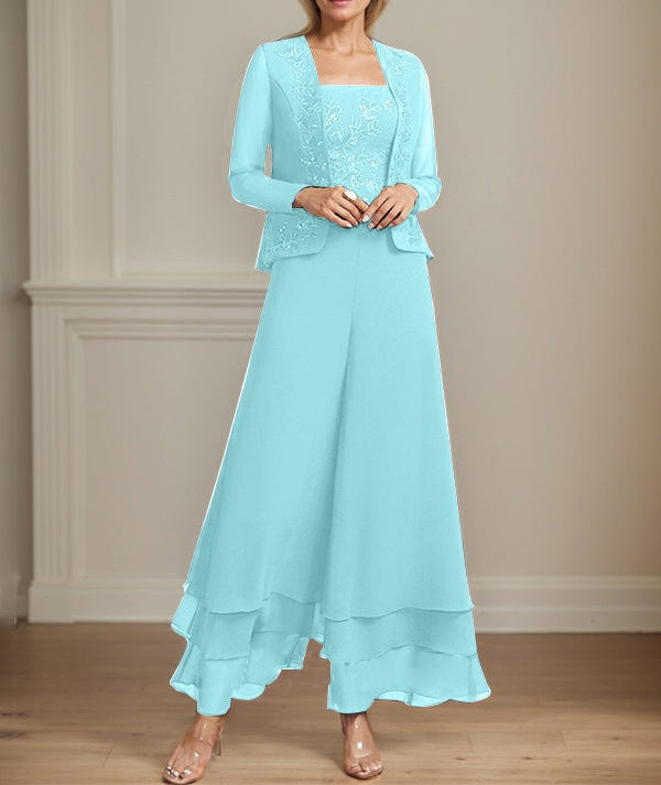 Separates Jumpsuit/Pantsuit Square Ankle-Length Lace Chiffon Mother of the Bride Dress With Sequins