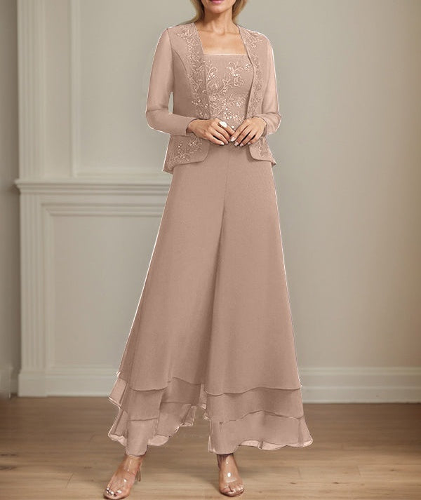 Separates Jumpsuit/Pantsuit Square Ankle-Length Lace Chiffon Mother of the Bride Dress With Sequins