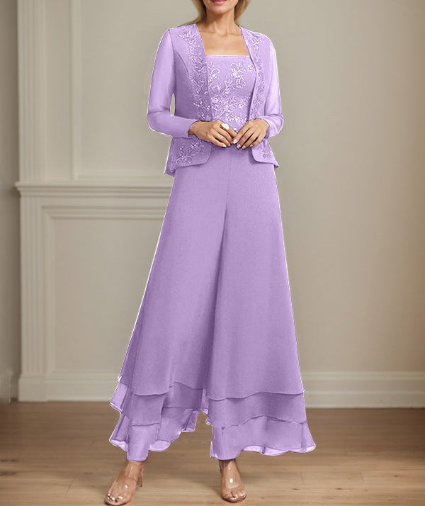 Separates Jumpsuit/Pantsuit Square Ankle-Length Lace Chiffon Mother of the Bride Dress With Sequins