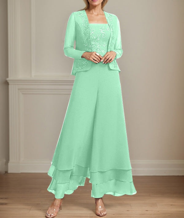 Separates Jumpsuit/Pantsuit Square Ankle-Length Lace Chiffon Mother of the Bride Dress With Sequins