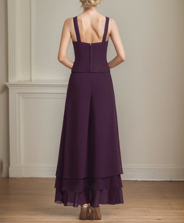 Separates Jumpsuit/Pantsuit Square Ankle-Length Lace Chiffon Mother of the Bride Dress With Sequins