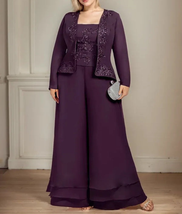 Separates Jumpsuit/Pantsuit Square Ankle-Length Lace Chiffon Mother of the Bride Dress With Sequins
