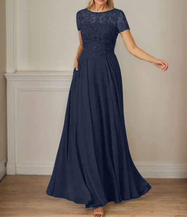 Dark Navy A-Line Boatneck Sequins Chiffon Dress