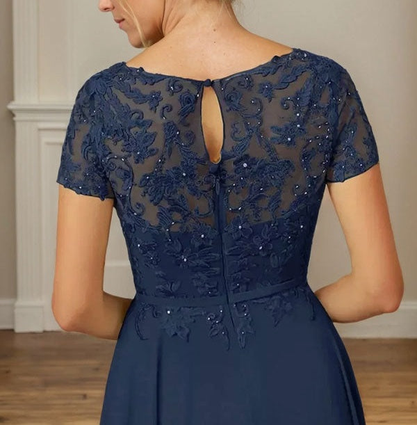 Dark Navy A-Line Boatneck Sequins Chiffon Dress