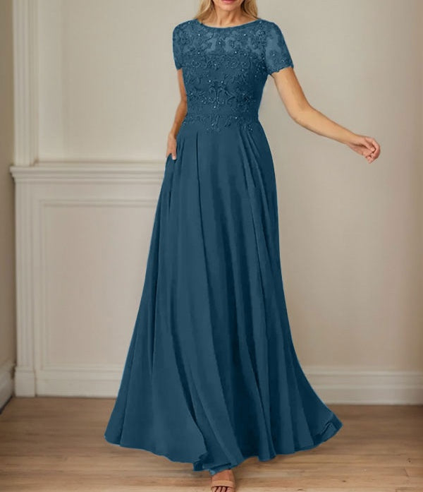 Dark Navy A-Line Boatneck Sequins Chiffon Dress
