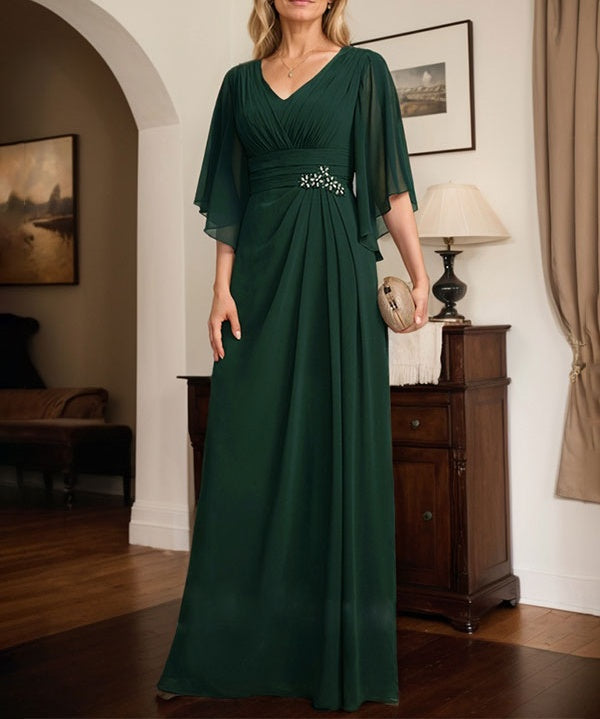 Sheath/Column V-Neck Floor-Length Chiffon Mother of the Bride Dress With Pleated Sequins Beading