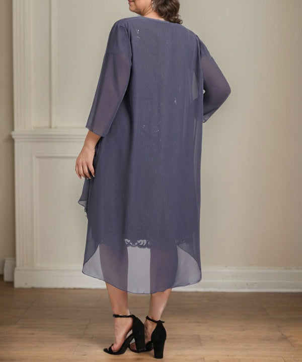 Sheath/Column Scoop Illusion Knee-Length Lace Chiffon Mother of the Bride Dress With Cascading Ruffles Sequins