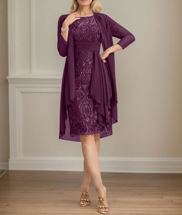 Sheath/Column Scoop Illusion Knee-Length Lace Chiffon Mother of the Bride Dress With Cascading Ruffles Sequins