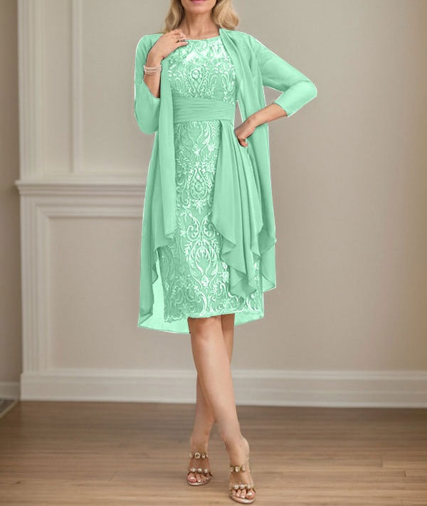 Sheath/Column Scoop Illusion Knee-Length Lace Chiffon Mother of the Bride Dress With Cascading Ruffles Sequins
