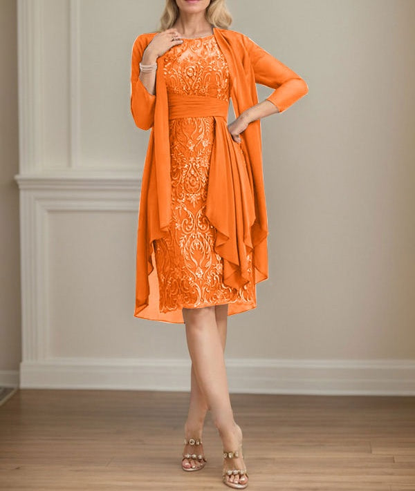 Sheath/Column Scoop Illusion Knee-Length Lace Chiffon Mother of the Bride Dress With Cascading Ruffles Sequins