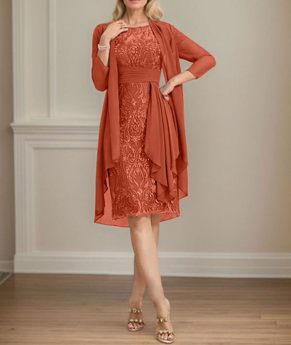Sheath/Column Scoop Illusion Knee-Length Lace Chiffon Mother of the Bride Dress With Cascading Ruffles Sequins