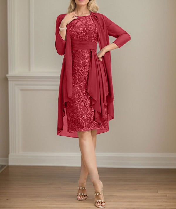 Sheath/Column Scoop Illusion Knee-Length Lace Chiffon Mother of the Bride Dress With Cascading Ruffles Sequins