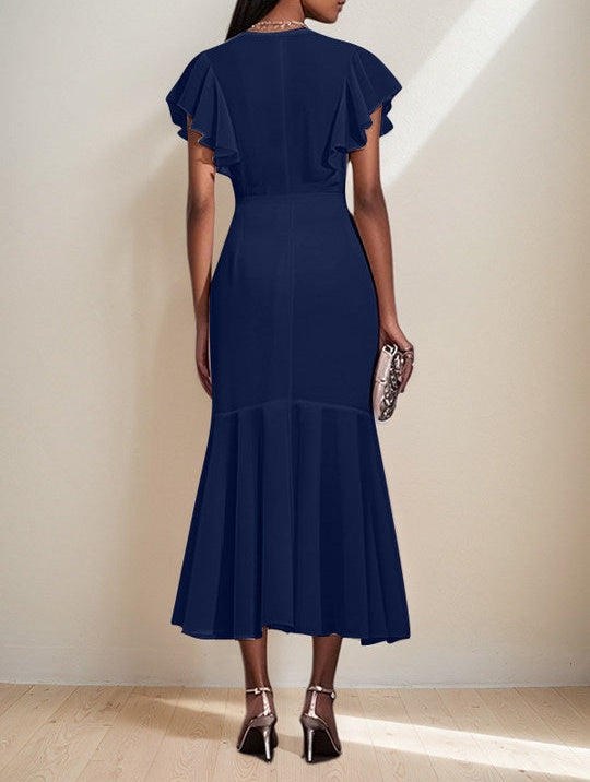 V-Neck Short Sleeves Asymmetrical Length Mermaid Chiffon Dress with Ruffles