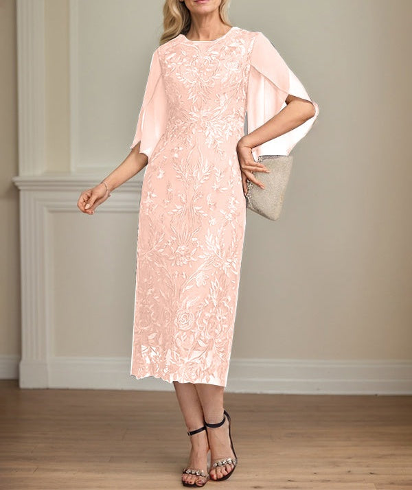 Sheath/Column Scoop Tea-Length Lace Chiffon Mother of the Bride Dress
