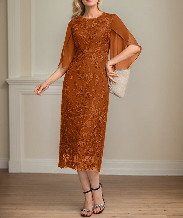 Sheath/Column Scoop Tea-Length Lace Chiffon Mother of the Bride Dress
