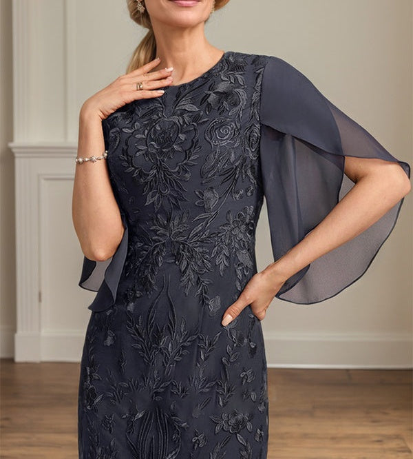 Sheath/Column Scoop Tea-Length Lace Chiffon Mother of the Bride Dress
