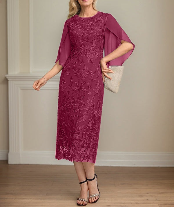 Sheath/Column Scoop Tea-Length Lace Chiffon Mother of the Bride Dress