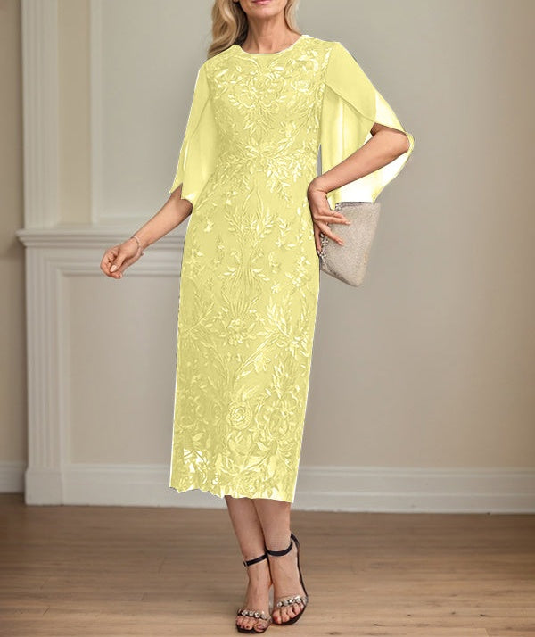 Sheath/Column Scoop Tea-Length Lace Chiffon Mother of the Bride Dress