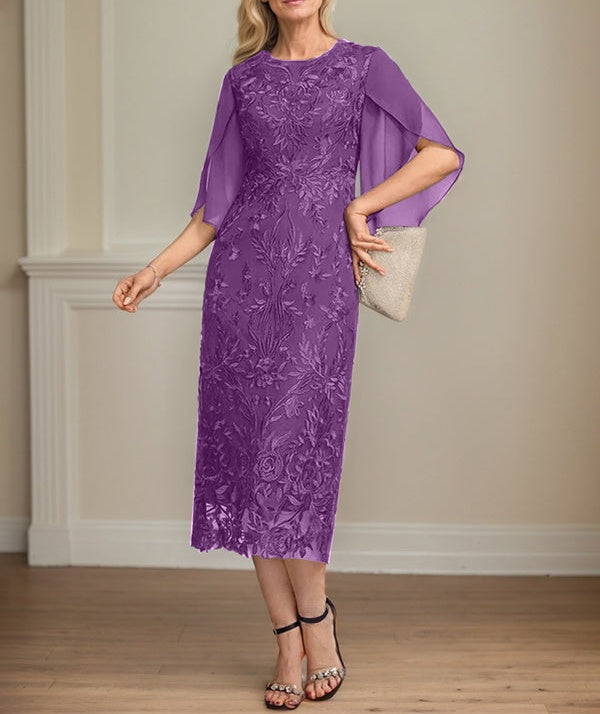 Sheath/Column Scoop Tea-Length Lace Chiffon Mother of the Bride Dress