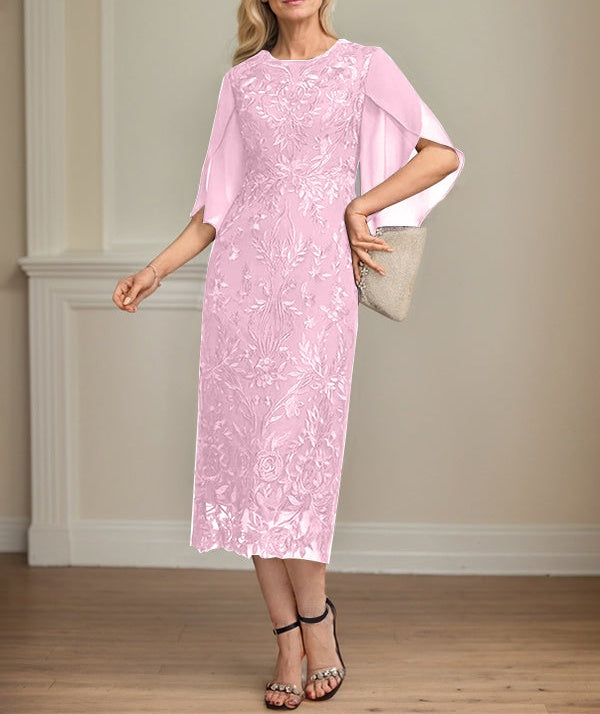 Sheath/Column Scoop Tea-Length Lace Chiffon Mother of the Bride Dress