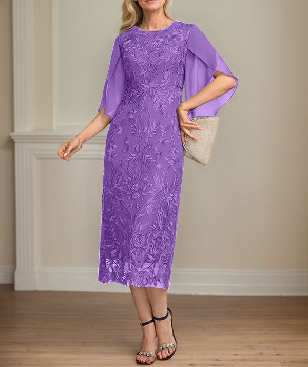 Sheath/Column Scoop Tea-Length Lace Chiffon Mother of the Bride Dress