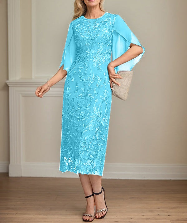 Sheath/Column Scoop Tea-Length Lace Chiffon Mother of the Bride Dress