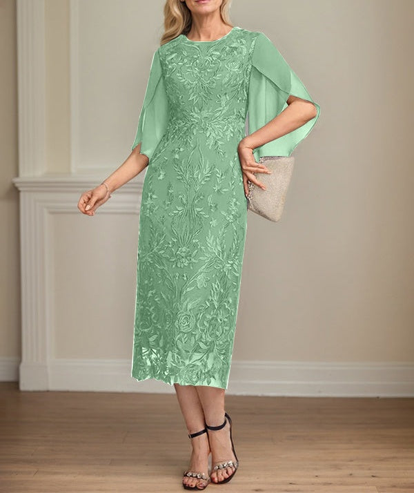 Sheath/Column Scoop Tea-Length Lace Chiffon Mother of the Bride Dress