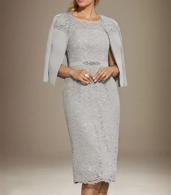 Sheath/Column Scoop Knee-Length Chiffon Lace Mother of the Bride Dress With Beading