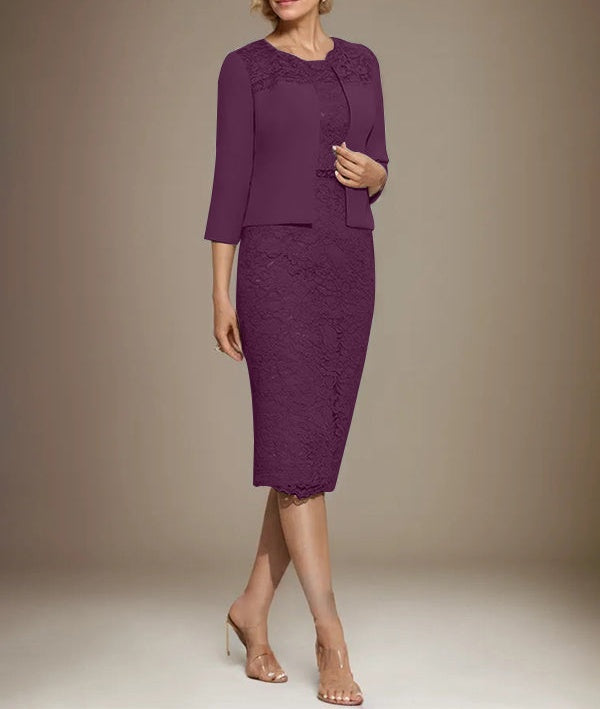 Sheath/Column Scoop Knee-Length Chiffon Lace Mother of the Bride Dress With Beading