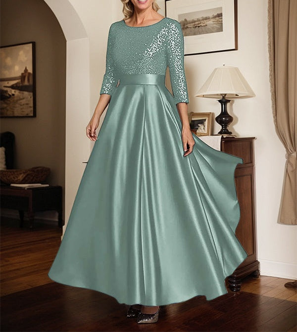 Sparkly Navy Scoop Neck Satin Mother of the Bride Dress with Sequins