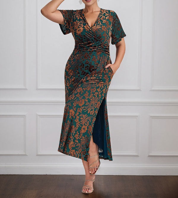 Vintage Plain V-Neck Short Sleeves Velvet Tea-Length Mother of the Bride Dress With Slit