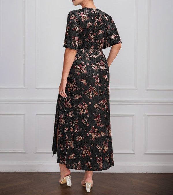 Vintage Plain V-Neck Short Sleeves Velvet Tea-Length Mother of the Bride Dress With Slit