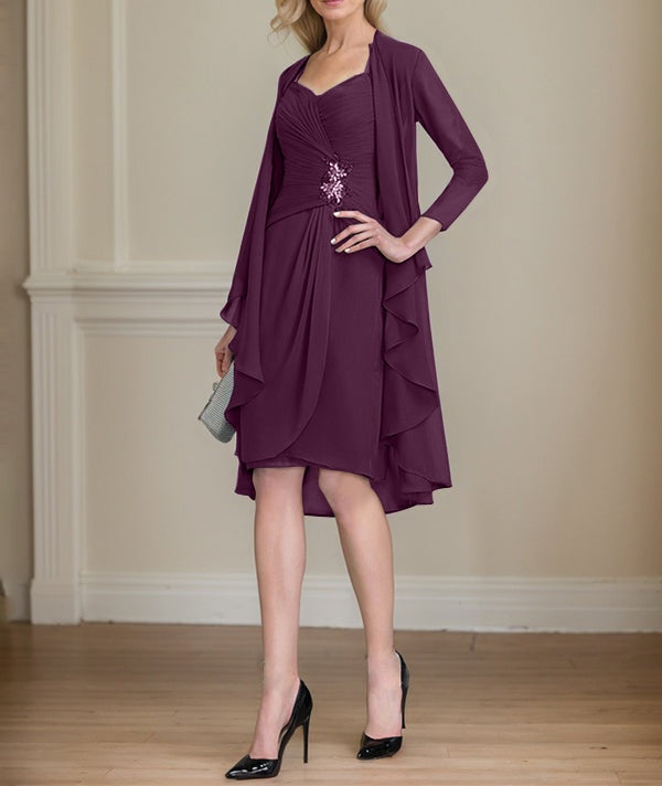 Sheath/Column Sweetheart Knee-Length Chiffon Mother of the Bride Dress With Beading Appliques Lace Sequins Pleated
