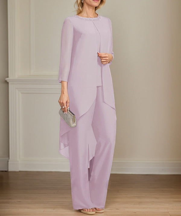 Separates Jumpsuit/Pantsuit Scoop Floor-Length Chiffon Mother of the Bride Dress With Sequins Beading