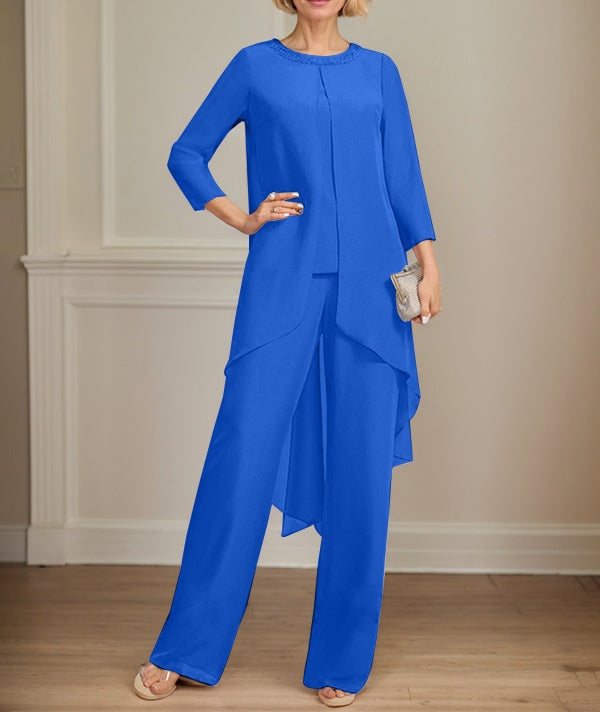 Separates Jumpsuit/Pantsuit Scoop Floor-Length Chiffon Mother of the Bride Dress With Sequins Beading