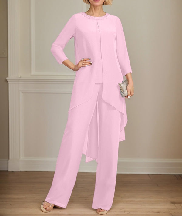 Separates Jumpsuit/Pantsuit Scoop Floor-Length Chiffon Mother of the Bride Dress With Sequins Beading