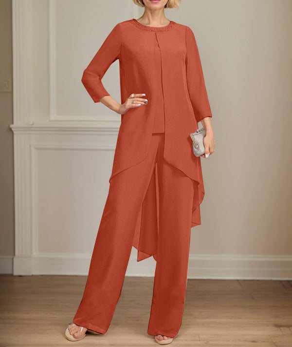 Separates Jumpsuit/Pantsuit Scoop Floor-Length Chiffon Mother of the Bride Dress With Sequins Beading