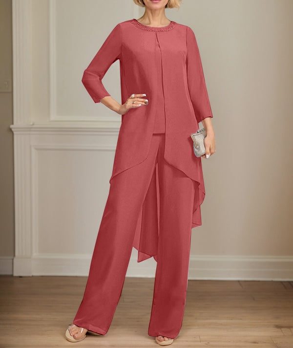Separates Jumpsuit/Pantsuit Scoop Floor-Length Chiffon Mother of the Bride Dress With Sequins Beading