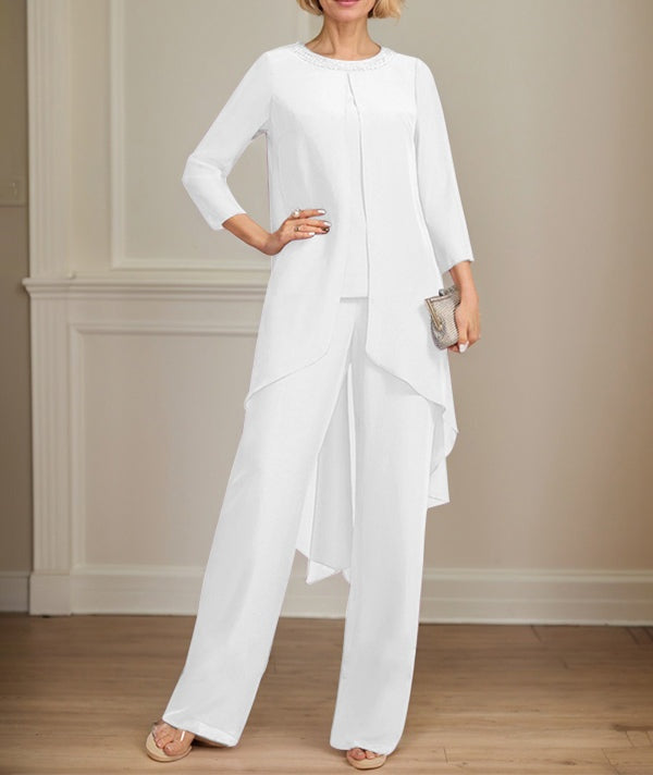 Separates Jumpsuit/Pantsuit Scoop Floor-Length Chiffon Mother of the Bride Dress With Sequins Beading