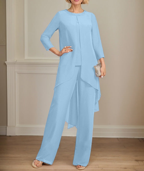 Separates Jumpsuit/Pantsuit Scoop Floor-Length Chiffon Mother of the Bride Dress With Sequins Beading
