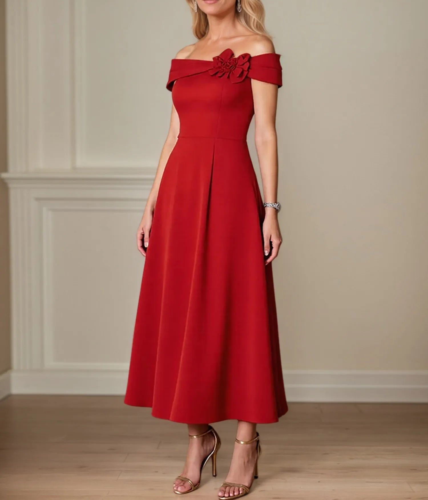 A Line 3D Floral Off the Shoulder Tea Length Mother of the Bride Dress