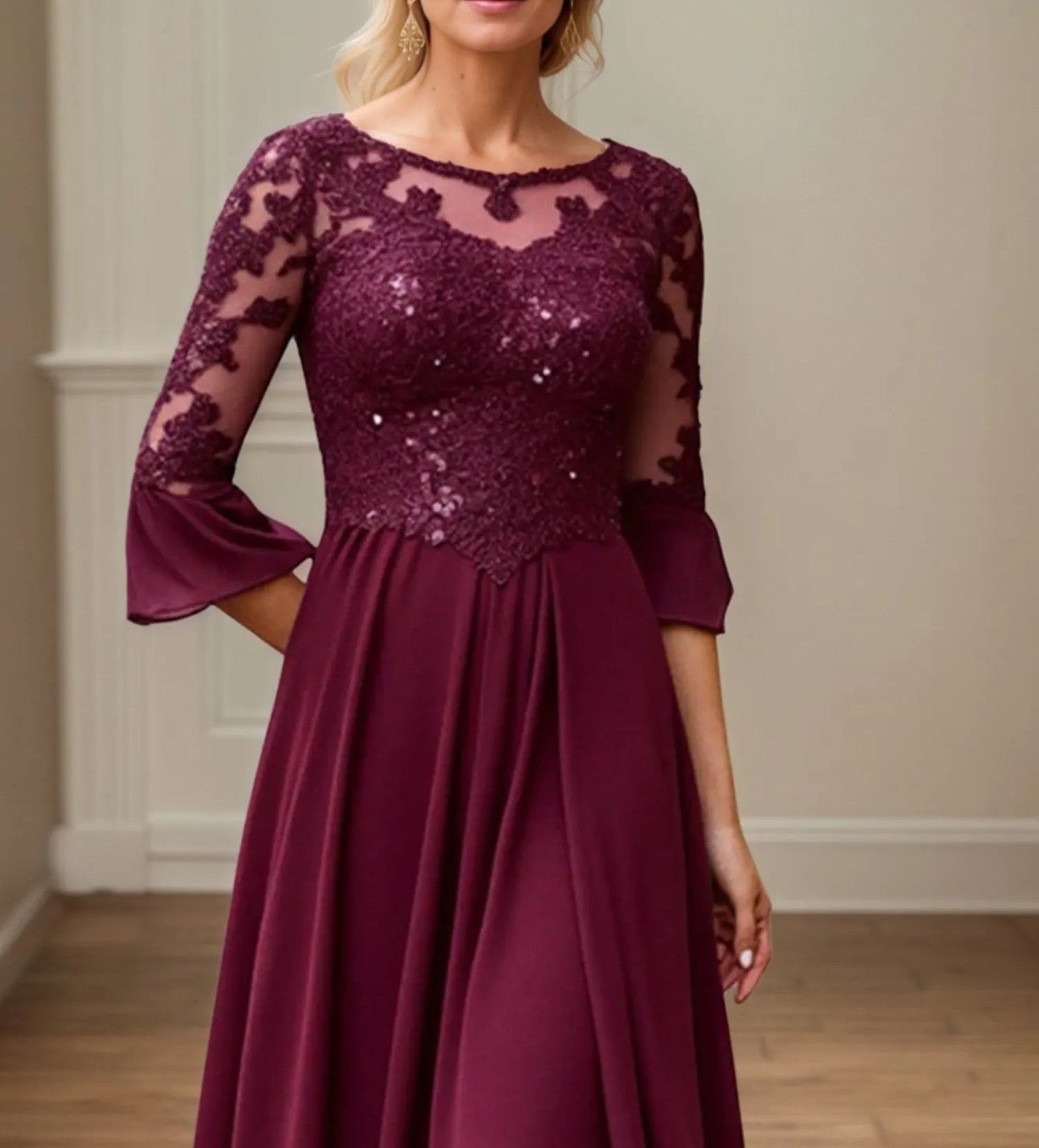 A Line Scoop Neck Applique Tea Length Mother of the Bride Dress
