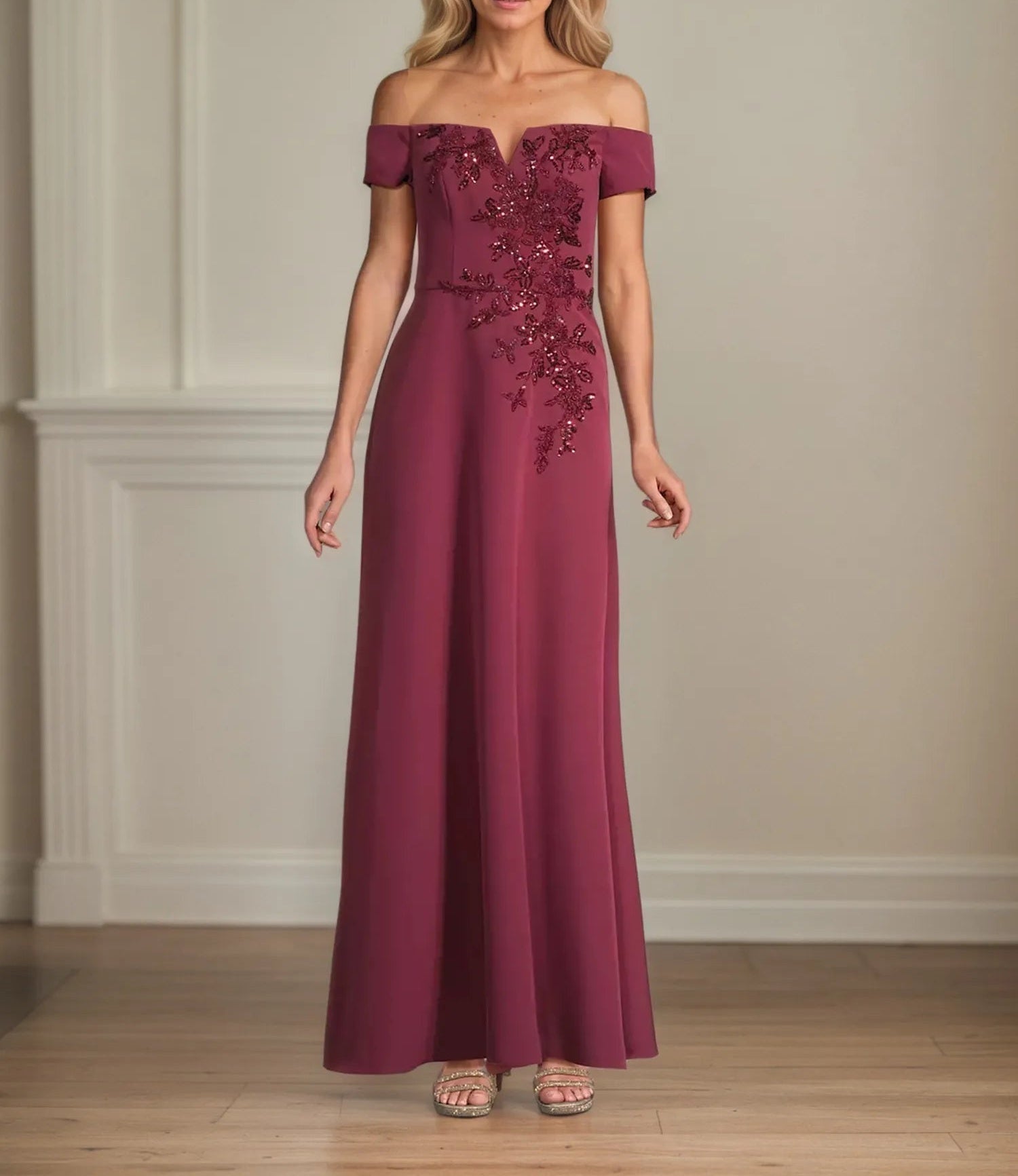 A Line Chiffon Off The Shoulder Appliques Floor Length Mother of the Bride Dress