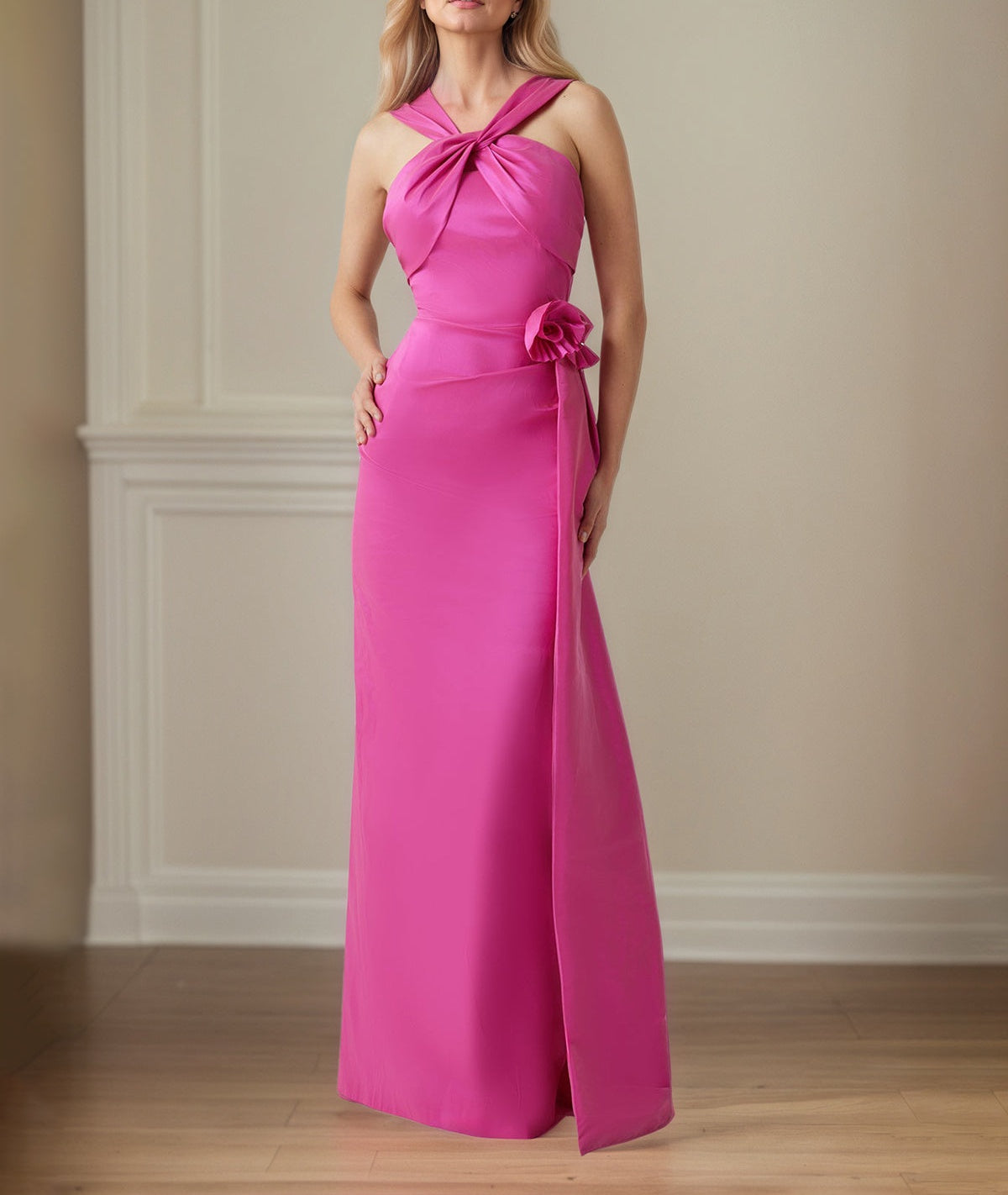 Deep Pink Satin Sheath/Column Cross Halter Floor Length Mother of the Bride Dresses