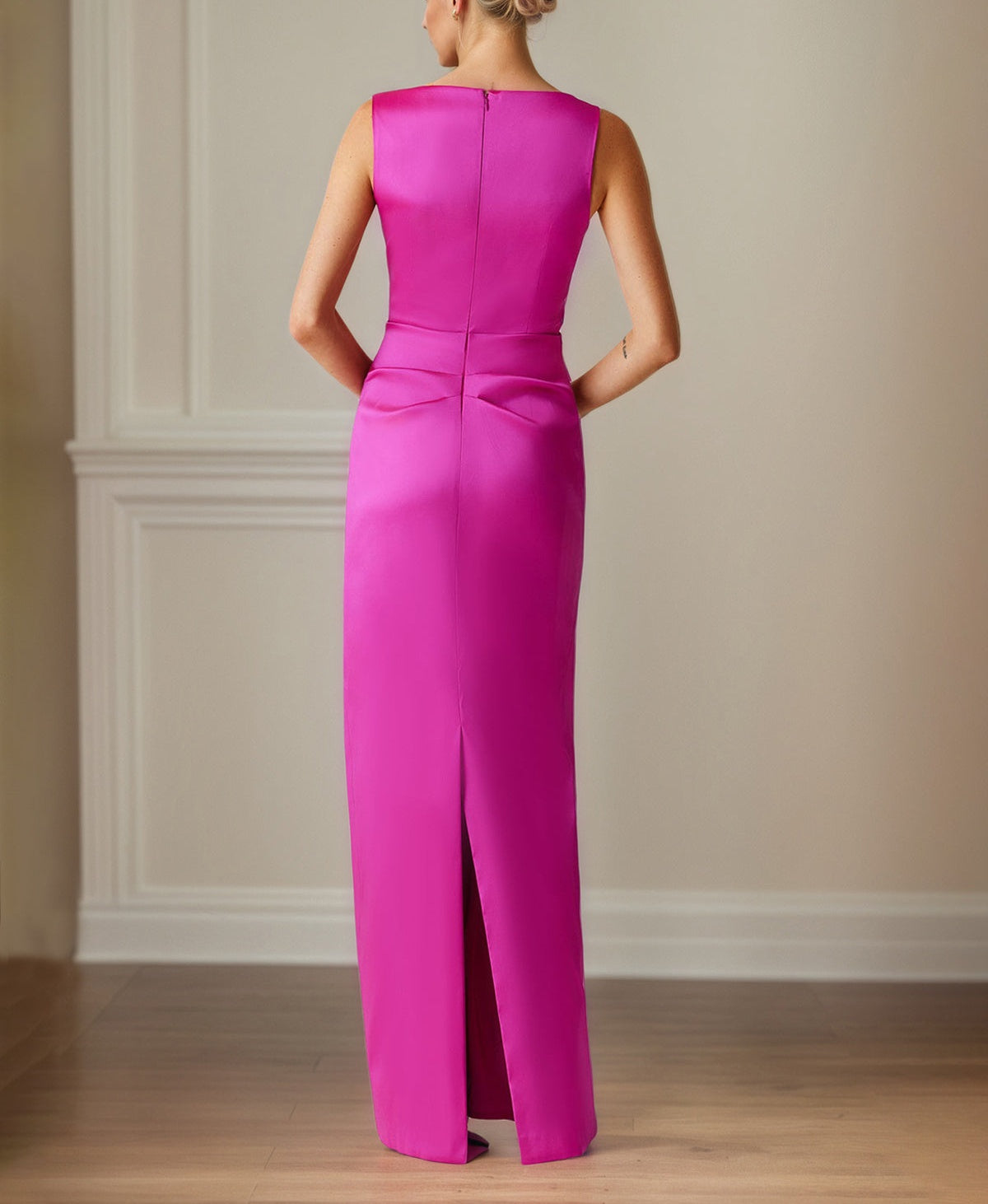 Raspberry Satin Sheath/Column V Neck Floor Length Mother of the Bride Dresses