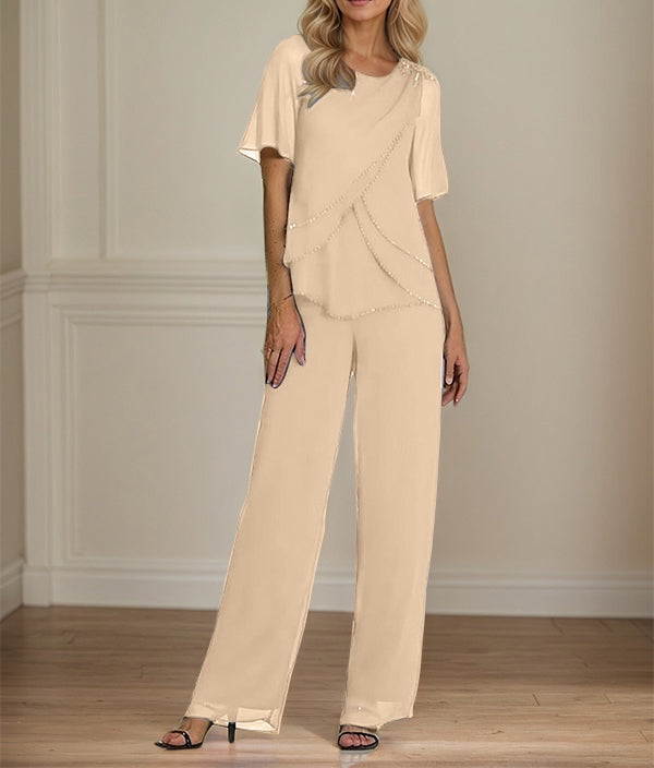 2 Piece Jumpsuit / Pantsuit Crew Neck Floor Length Chiffon Mother of the Bride Dress